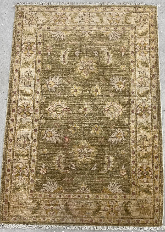 AFGHAN CHOBI WOOL HAND-KNOTTED GREEN OUSHAK PATTERN (83 x 121)