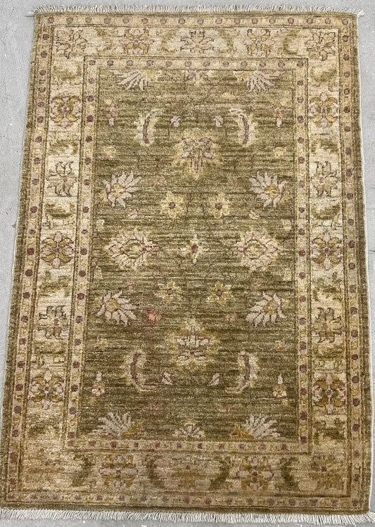 AFGHAN CHOBI WOOL HAND-KNOTTED GREEN OUSHAK PATTERN (83 x 121)