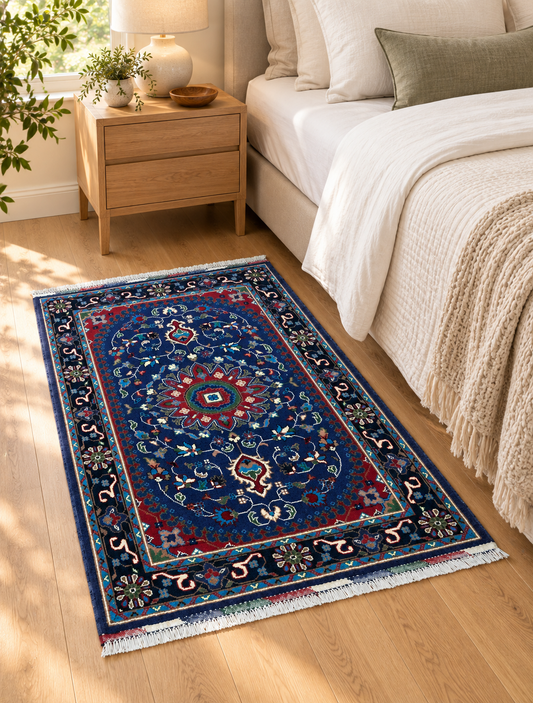 AFGHAN NAVY FLORAL WOOL RUG (87 X 130 cm)
